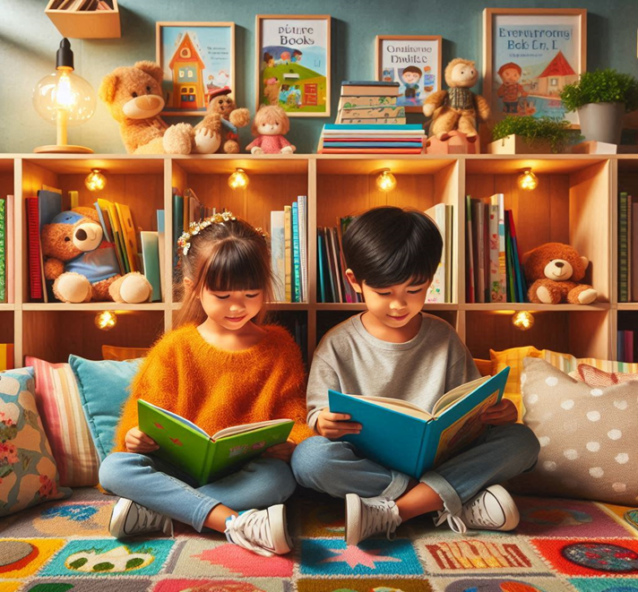 Children sitting, engrossed in reading vibrant picture books
