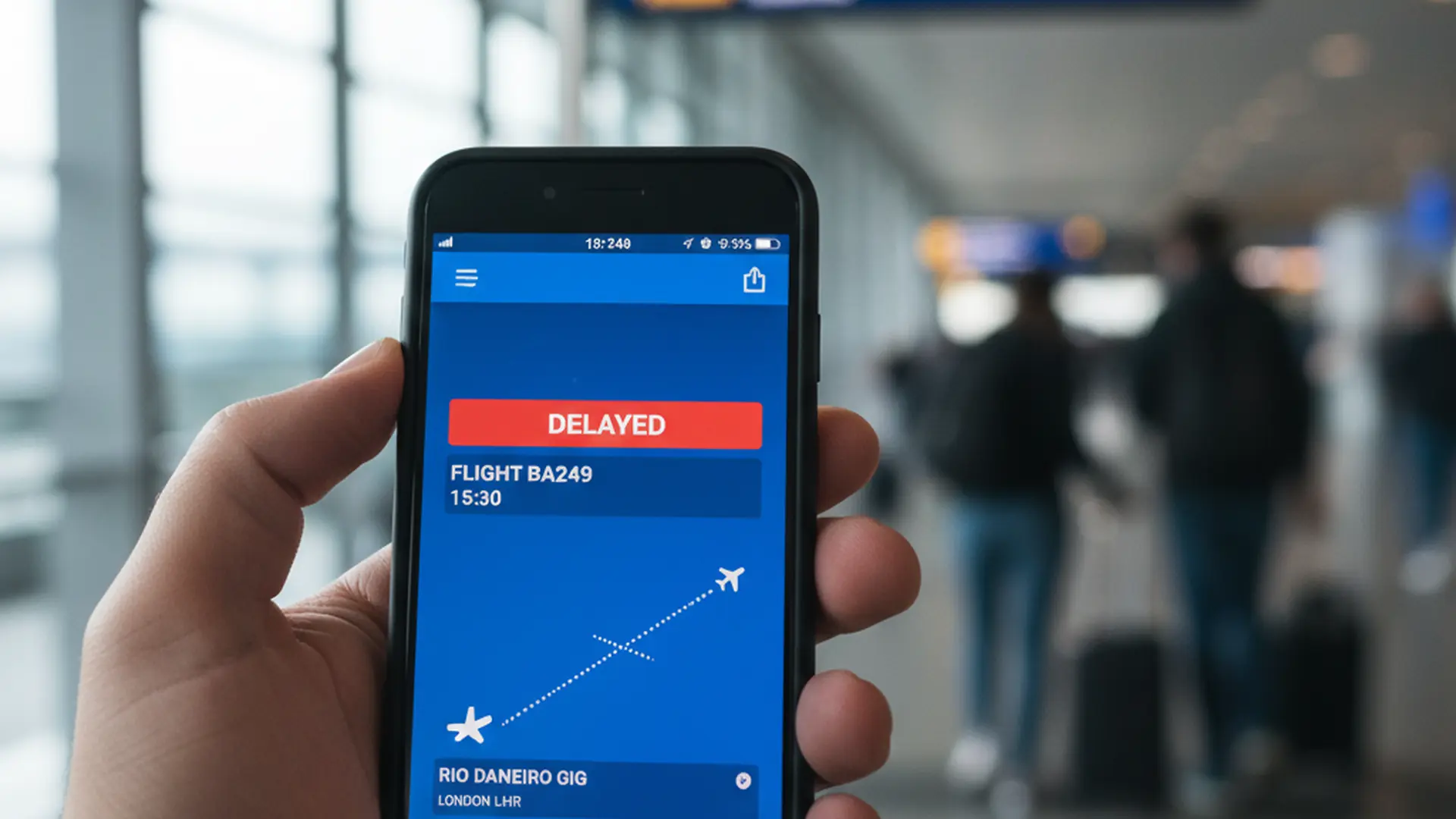 Hand holding a phone in an airport showing a flight tracker app with a delay notification