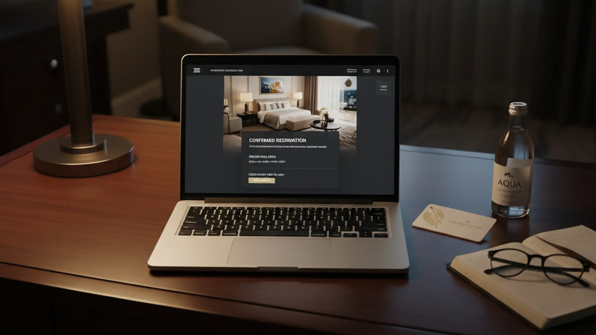 Hotel desk at night with laptop showing a hotel loyalty app and a room key card