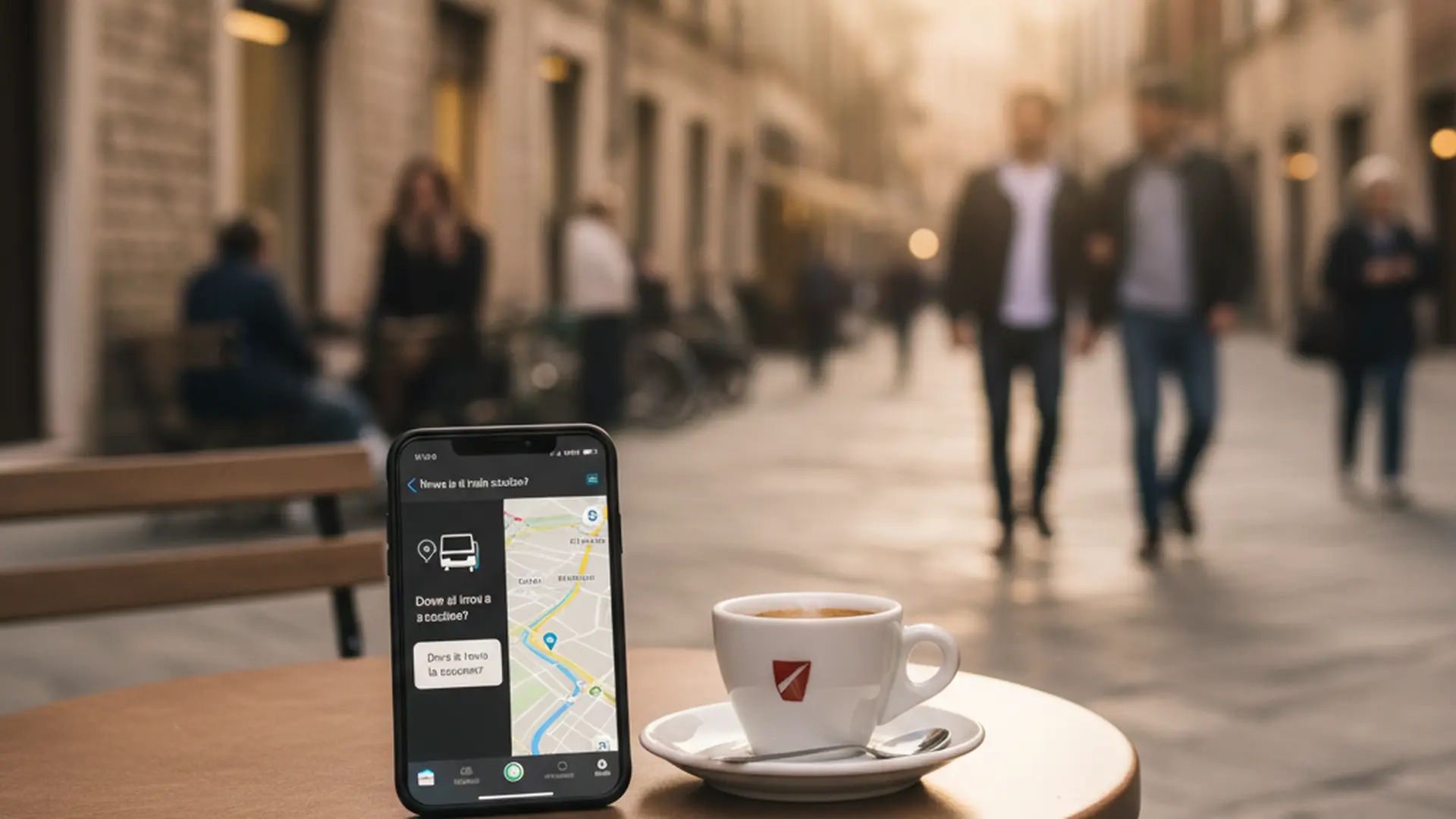 Smartphone on a cafe table showing a translation and offline map app, with a European street in the background