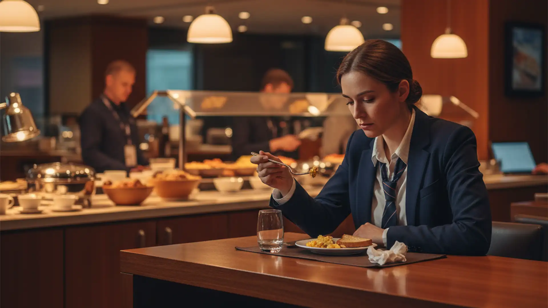 Business traveler eating at a high-top counter inside an airport lounge