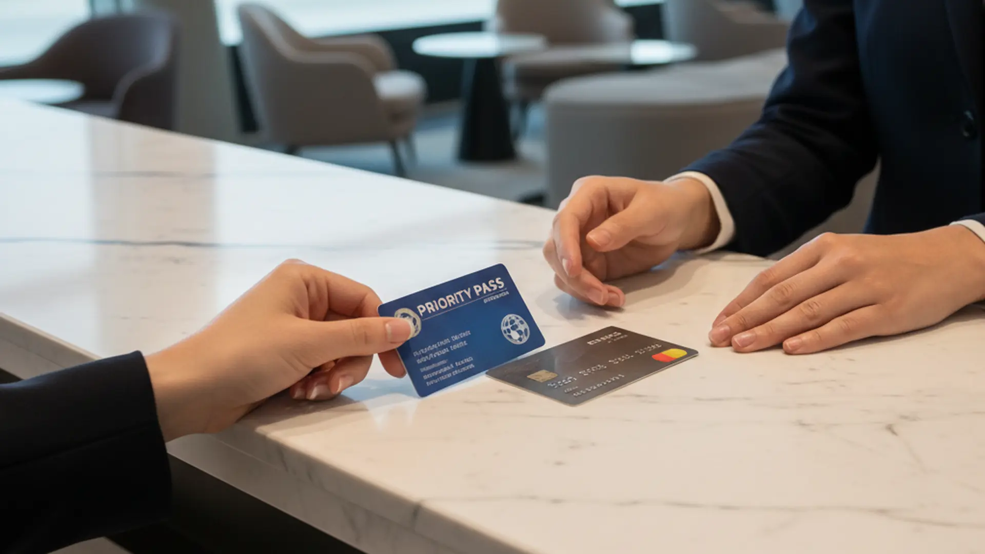 Priority Pass card and a premium credit card placed on an airport lounge reception counter
