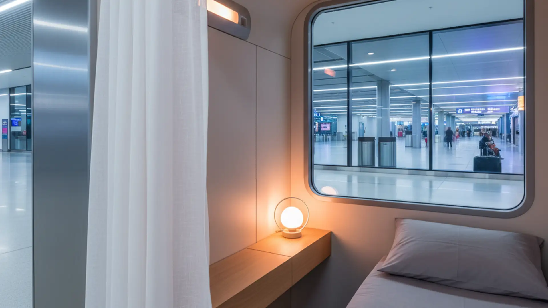 Empty pay-per-use airport sleep pod with curtain pulled back