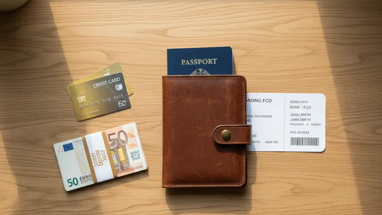 Passport holder, credit cards, euros, and a printed boarding pass on a wooden desk