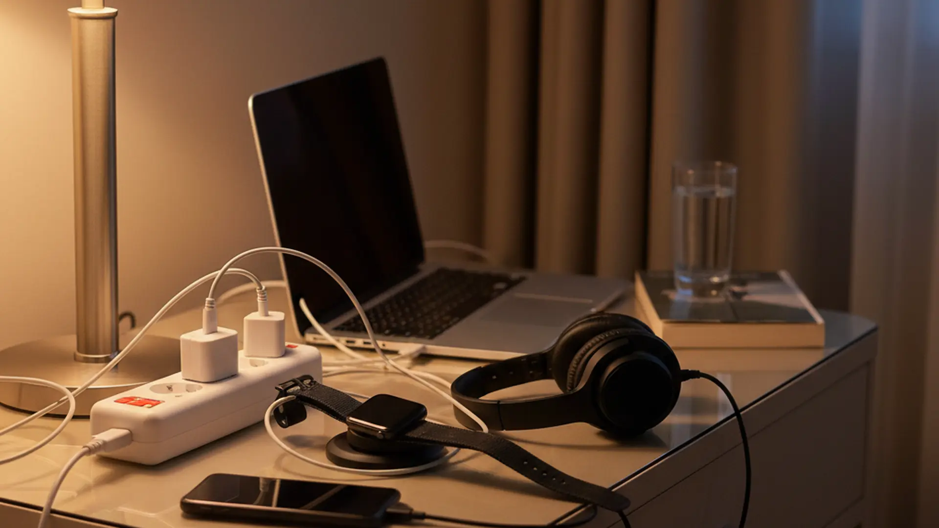 Phone, laptop, smartwatch, and headphones charging on a power strip the night before a trip