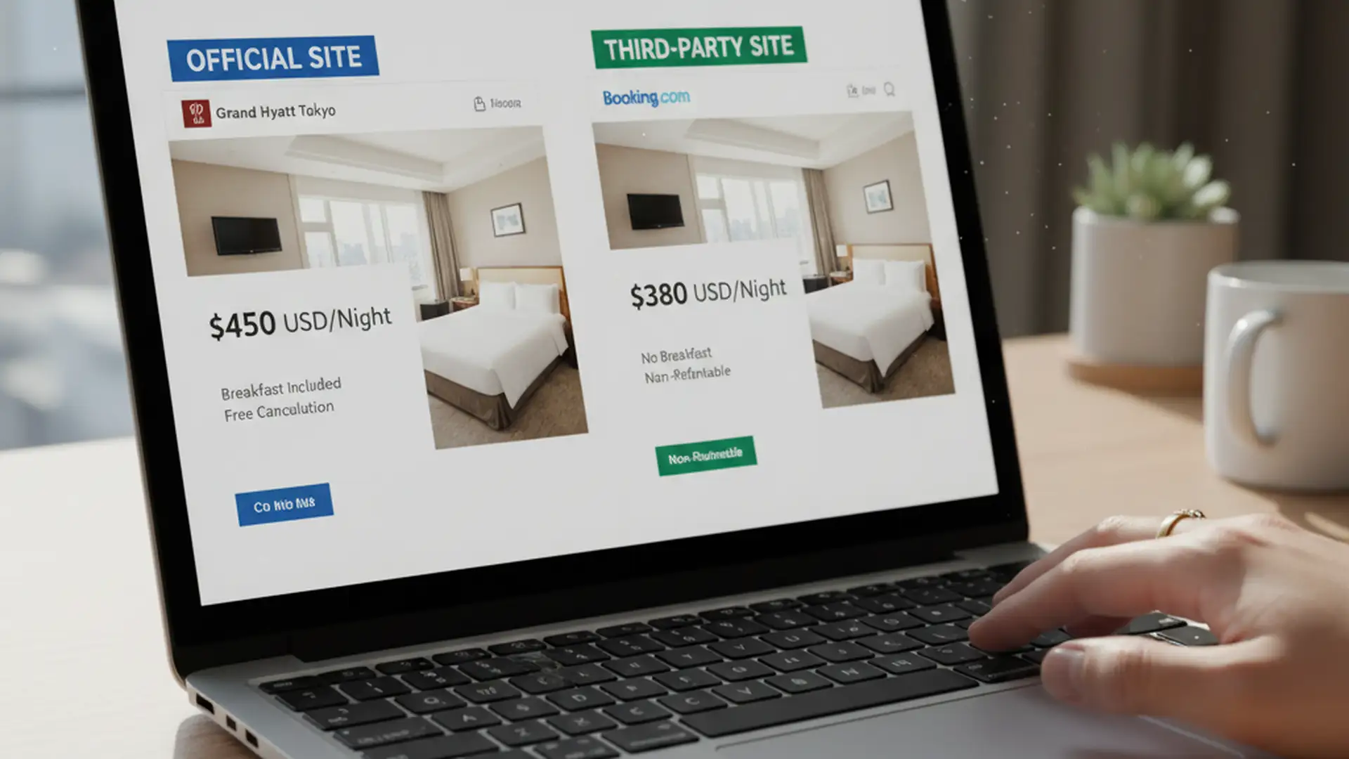 Laptop screen comparing a hotel's official site with a third-party booking site