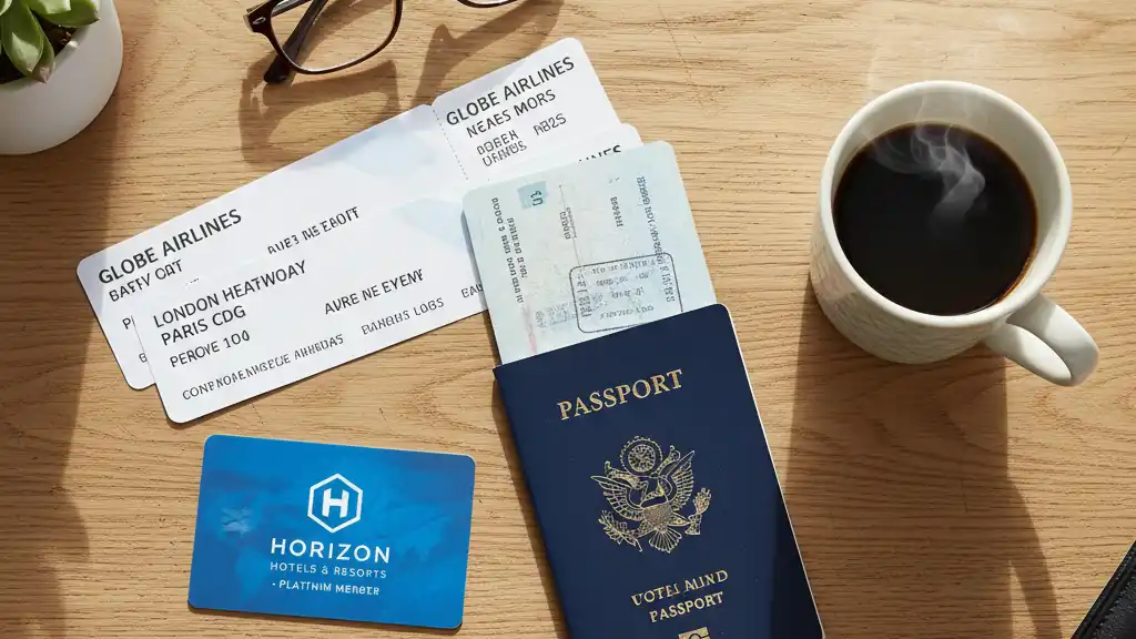 Boarding passes, a hotel loyalty card, a passport, and a coffee mug on a wooden desk