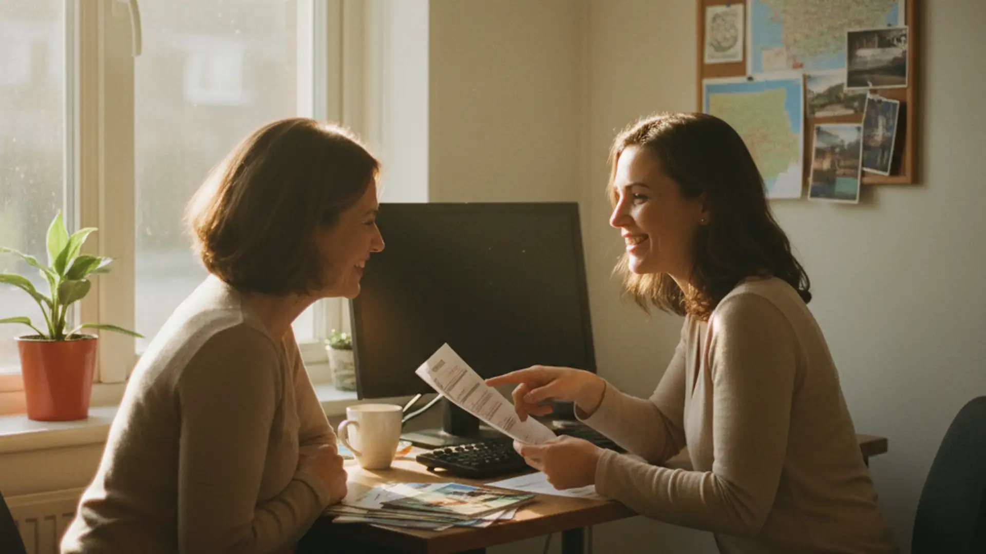 Travel agent at a desk reviewing a printed itinerary with a customer