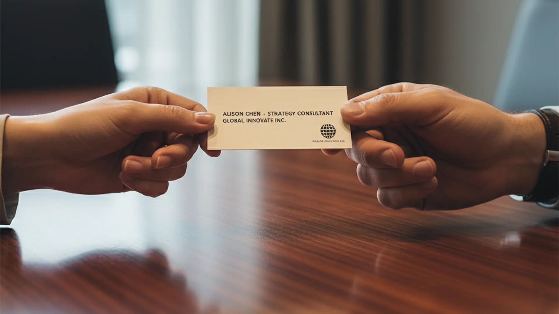 Two pairs of hands exchanging a business card with both hands at a polished wood table