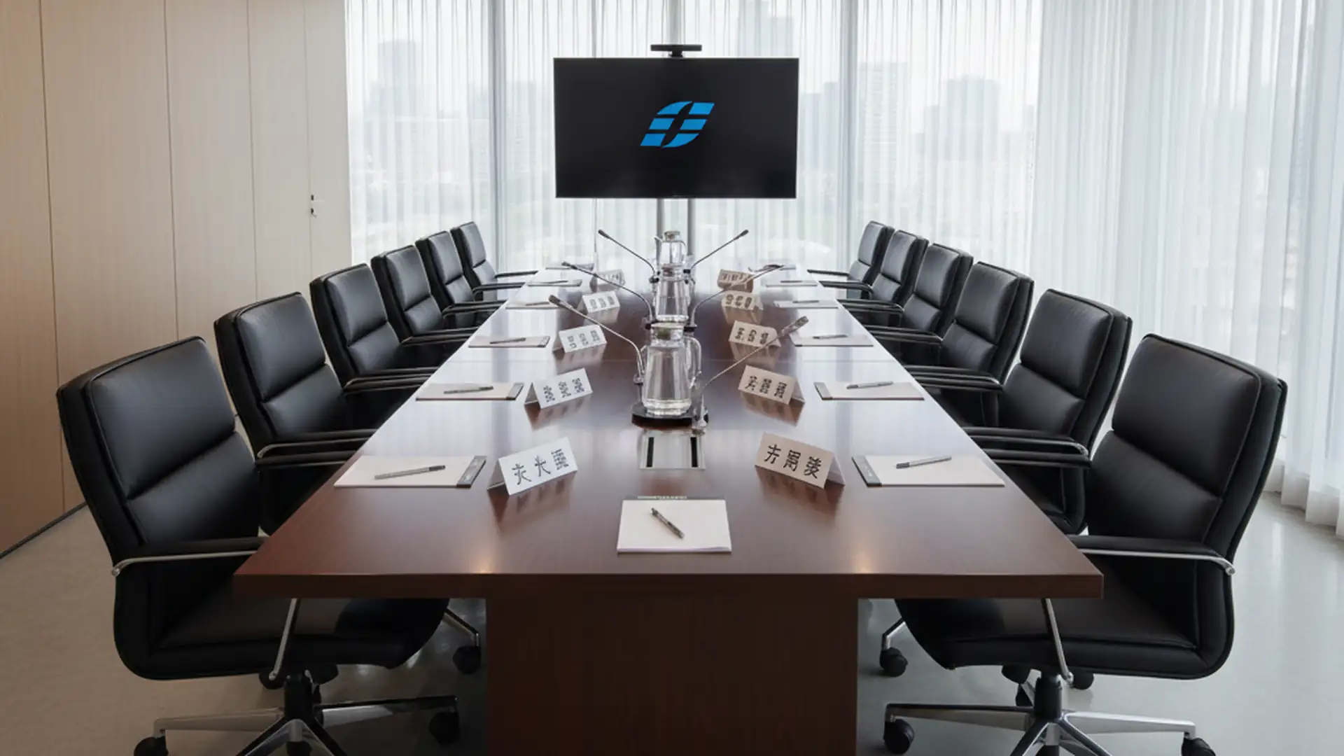 Long Japanese conference room table with name placards and empty leather chairs