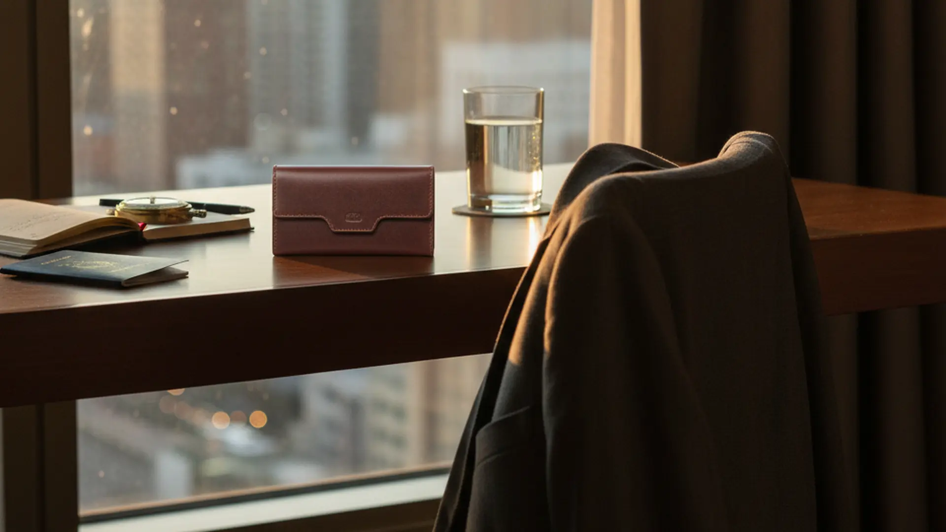 Leather business card case on a hotel desk with a folded jacket and a glass of water
