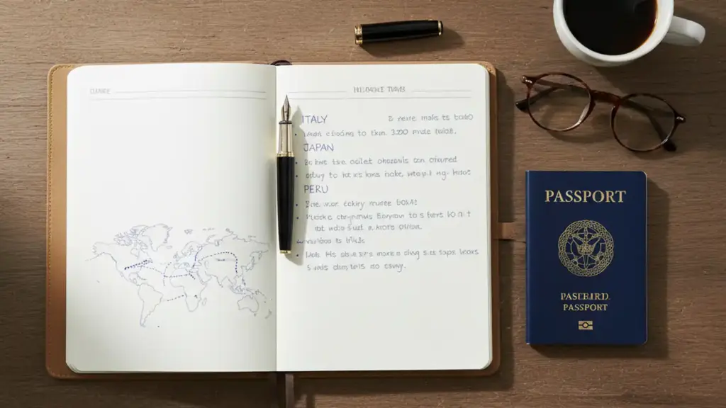 Notebook with handwritten country etiquette notes next to a passport, fountain pen, and coffee cup on a wooden desk