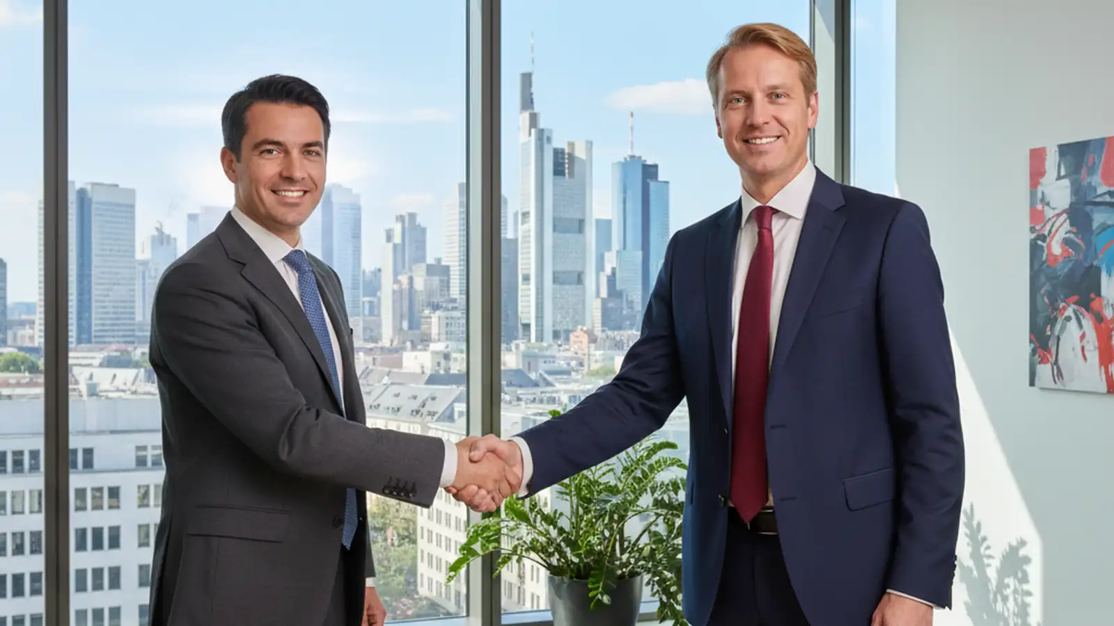 Businessman shaking hands with a German colleague in a Frankfurt office