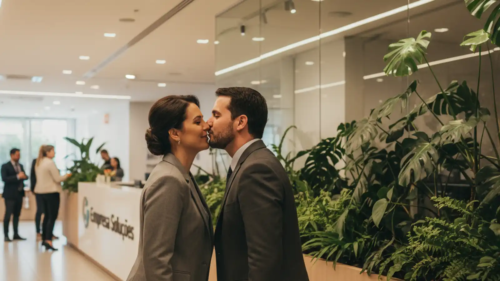 Two businesspeople doing a polite cheek greeting at a Brazilian office reception