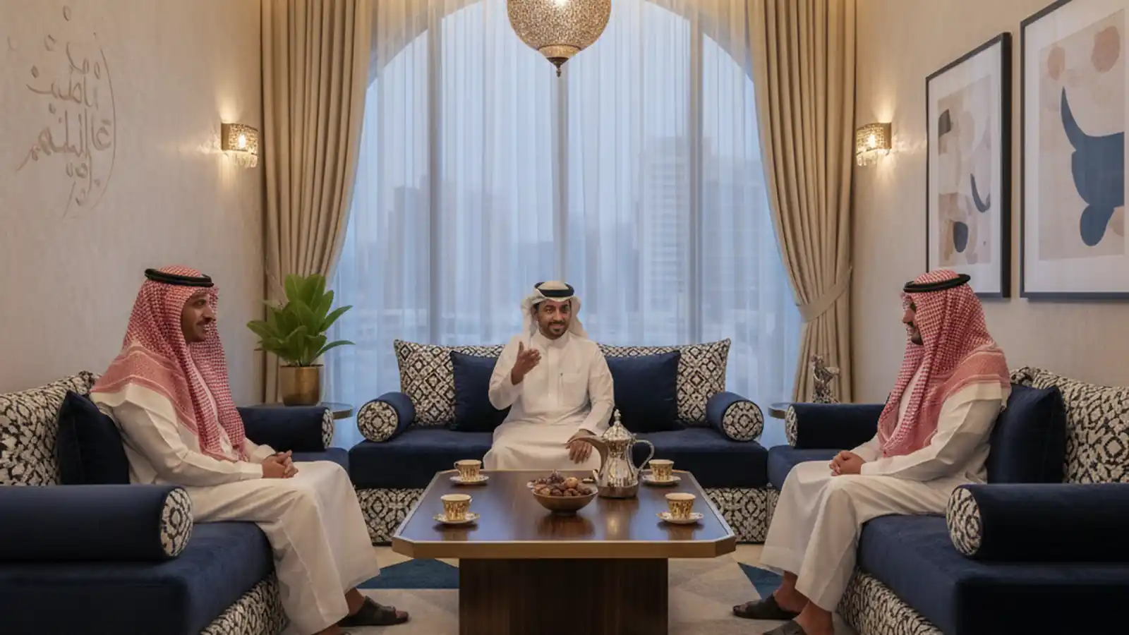 Three men in a majlis-style sitting area with small Arabic coffee cups