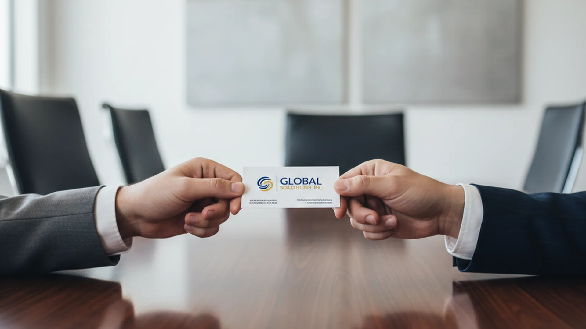 Two pairs of hands exchanging a business card with the printing facing the recipient