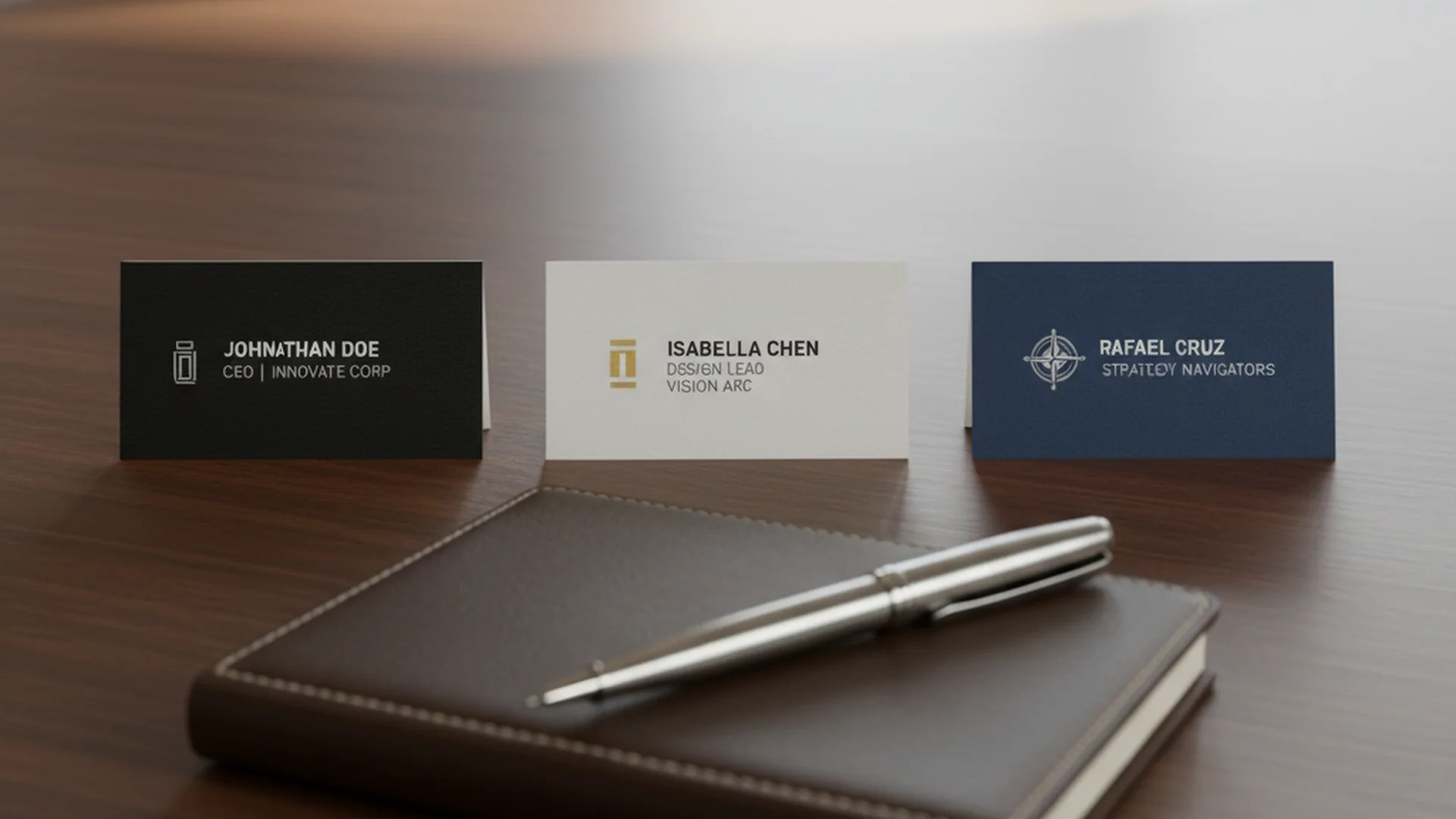 Three business cards laid neatly on a meeting room table next to a leather notepad and pen