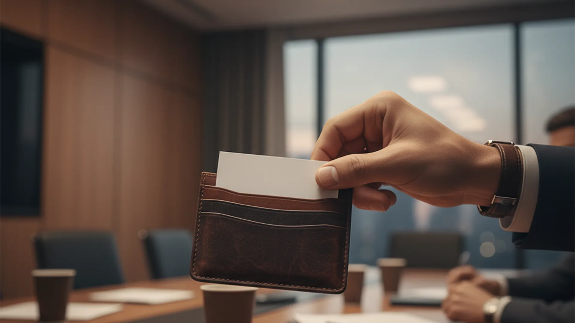 Hand sliding a business card carefully back into a leather card case at the end of a meeting