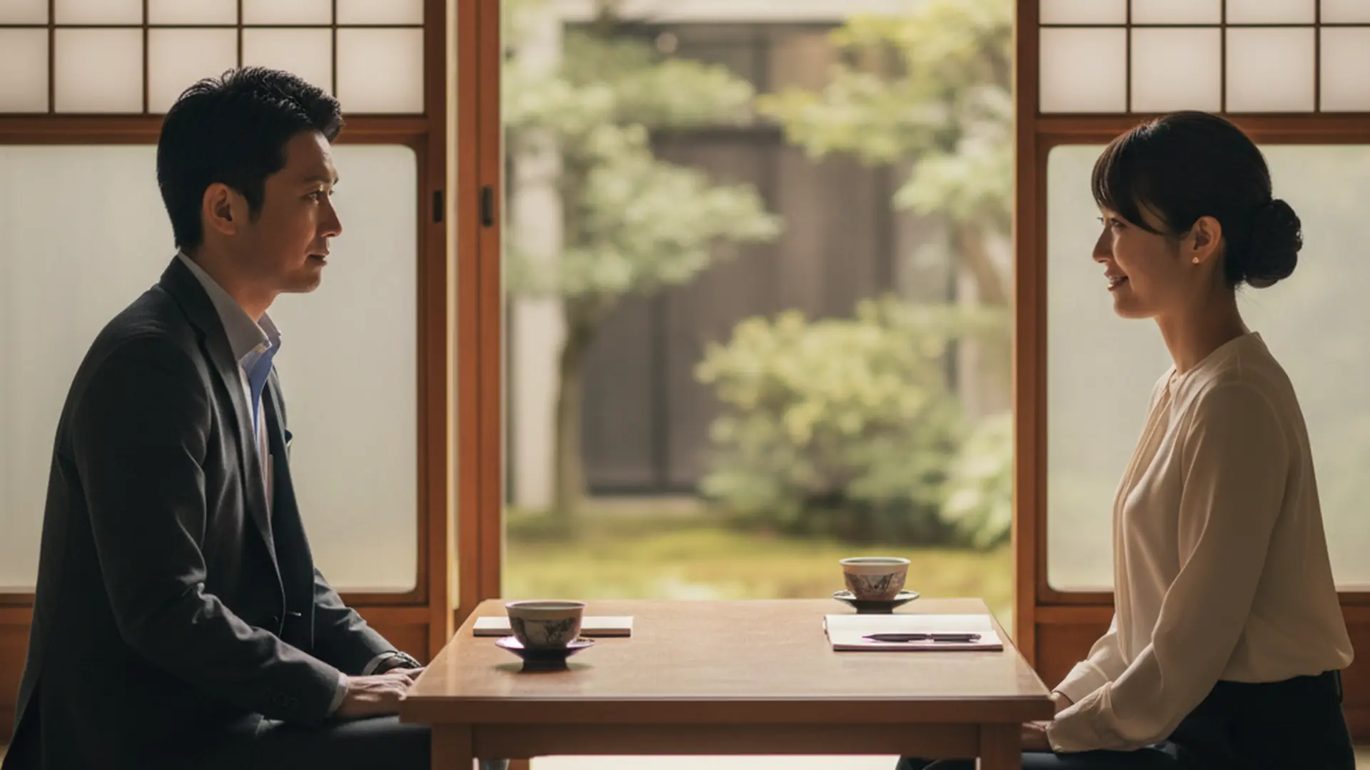 Two Japanese business colleagues in calm conversation at a small low table