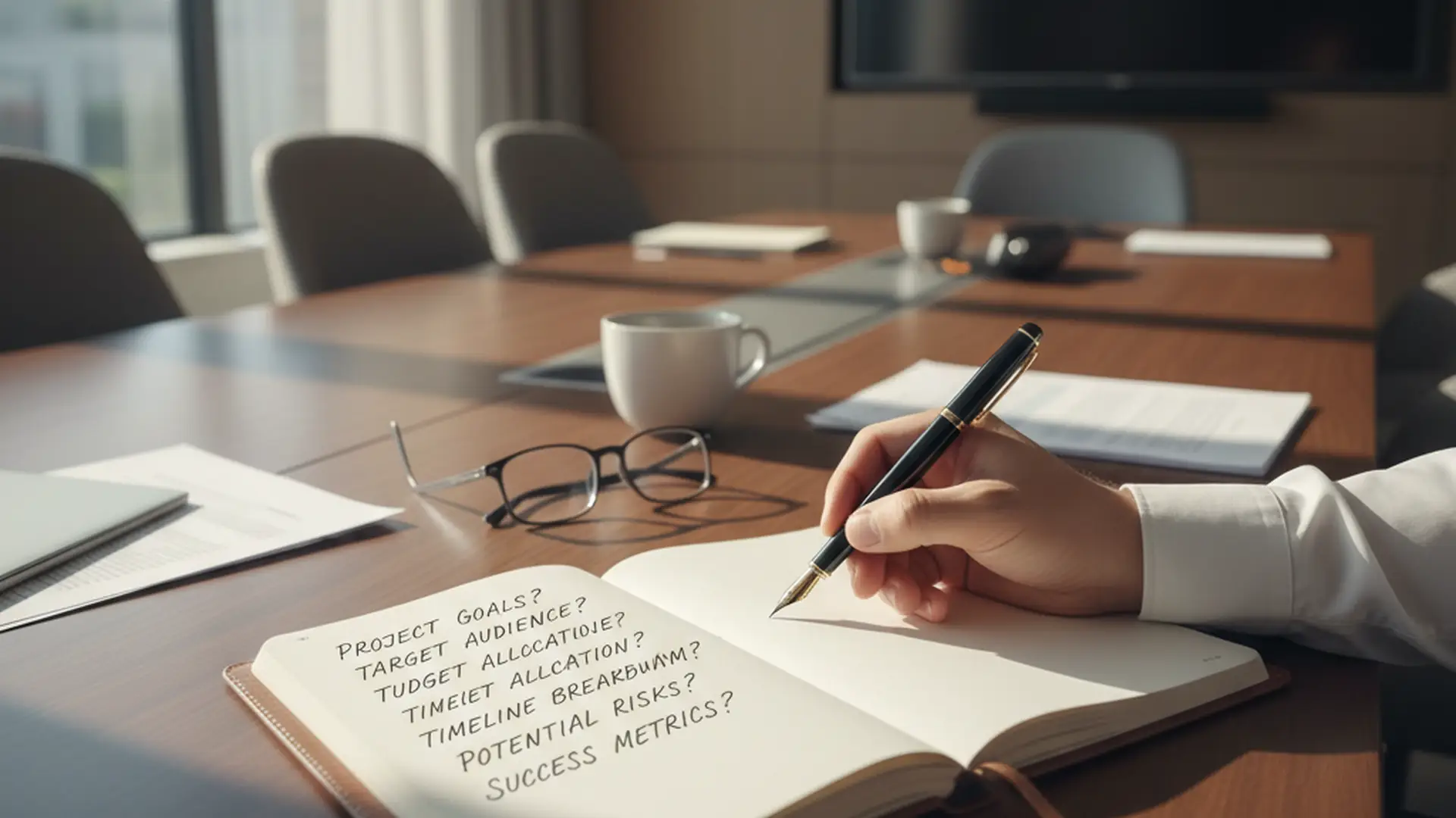 Notebook on a meeting room table with handwritten questions in English and a hand holding a fountain pen