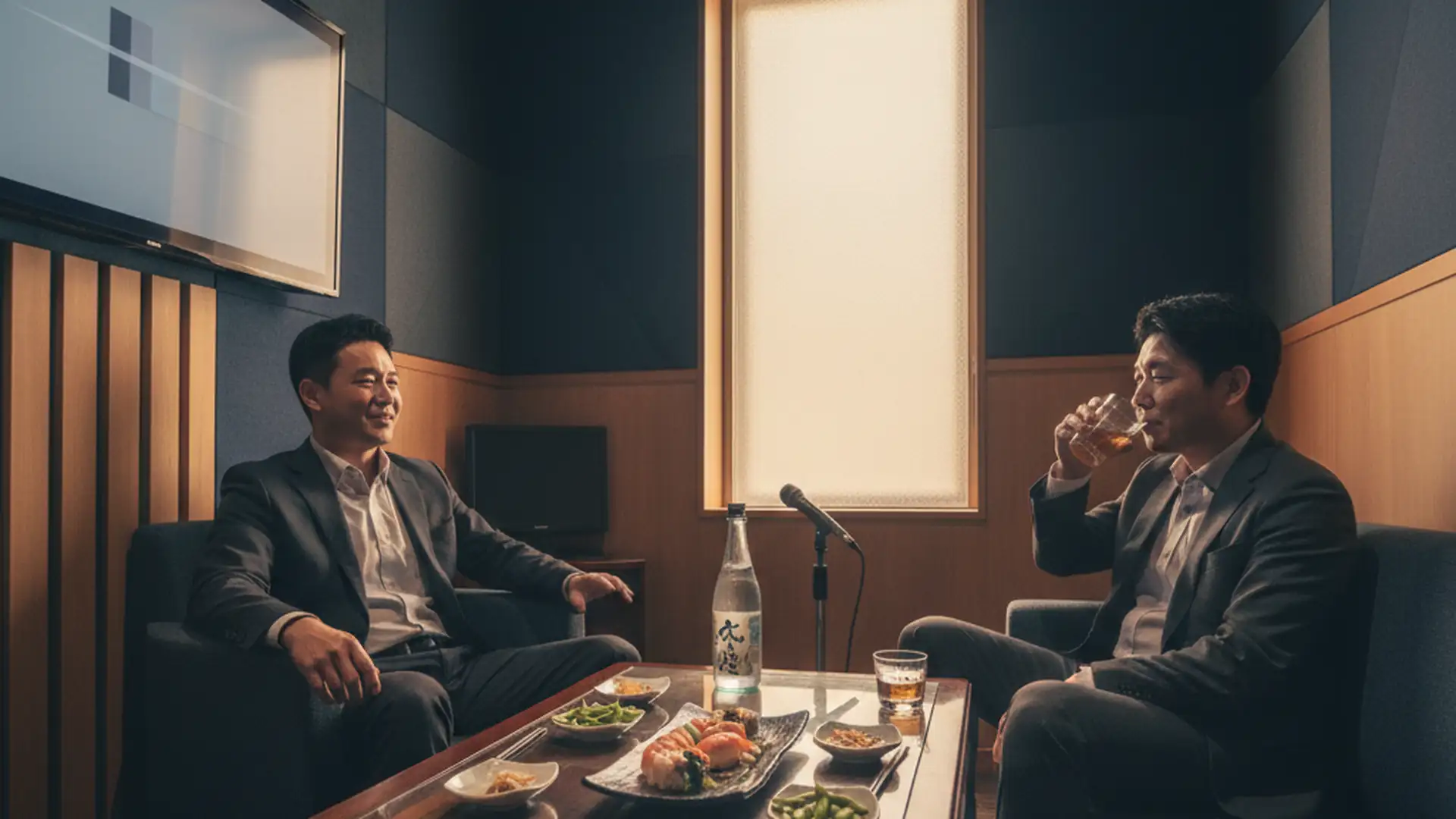 Two businessmen relaxed in conversation at a small table in a private dining room in Seoul