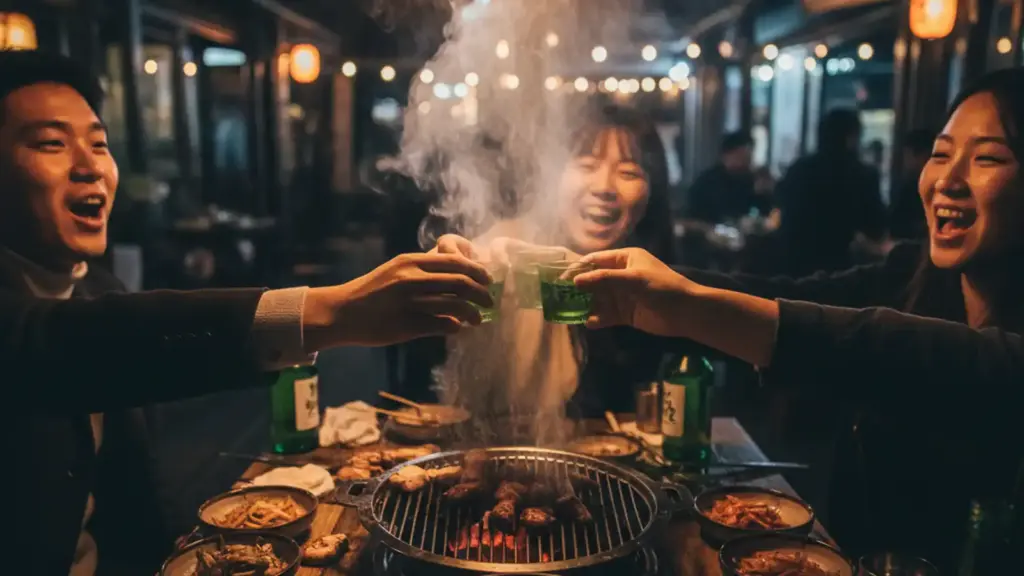 Korean BBQ table at night with soju glasses raised in a toast and smoke rising from the grill