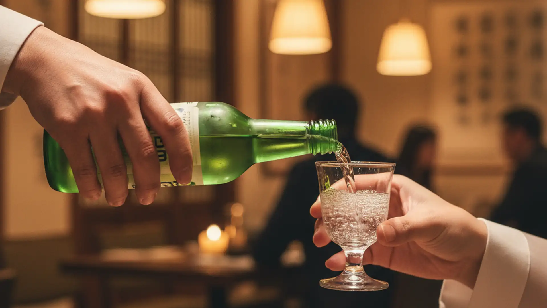 Two hands pouring soju with both hands into a glass held with both hands