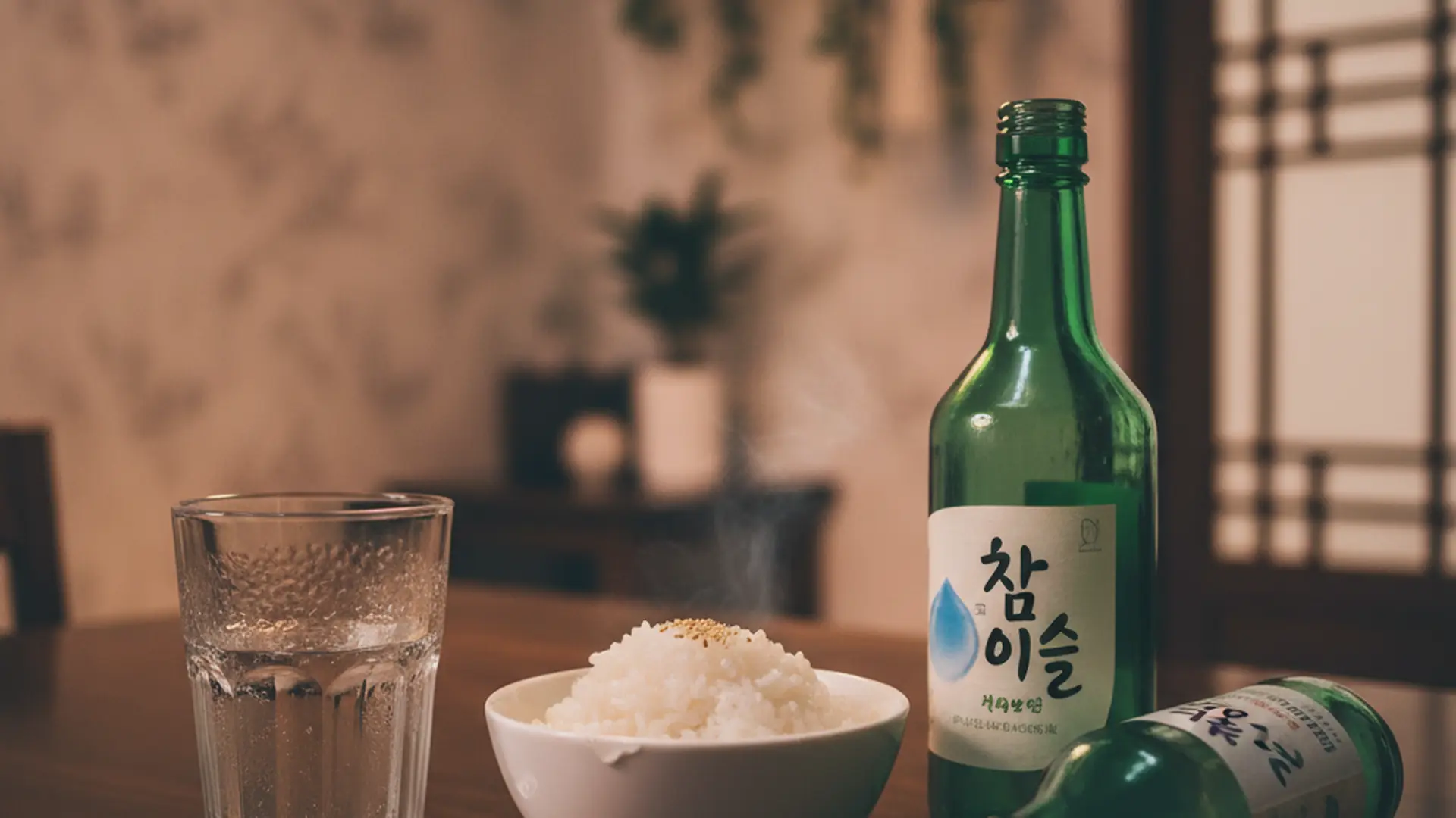 Glass of water and a bowl of rice on a Korean dinner table next to an empty soju bottle