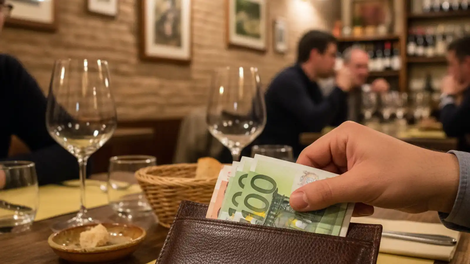 Hand placing folded euro banknotes inside a leather check folder at a Roman trattoria