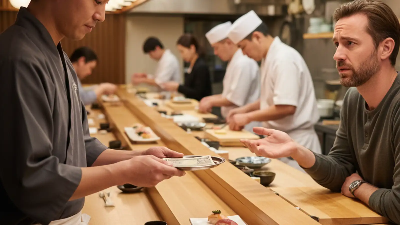 Japanese waiter returning a banknote on a tray to a Western customer at a sushi counter