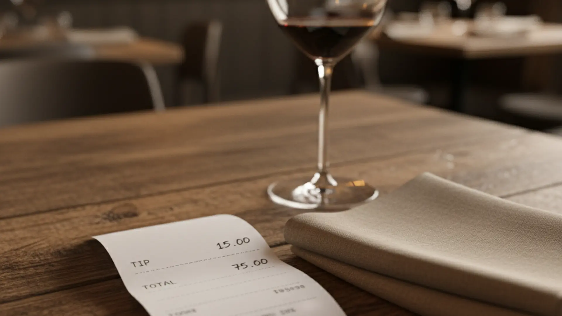 Credit card receipt with a tip line filled in next to a folded napkin and a wine glass