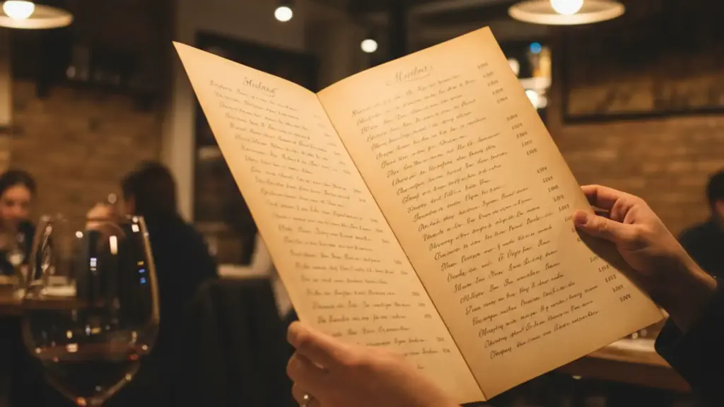 Open foreign-language menu in a warmly lit restaurant with a wine glass and plate setting in the foreground