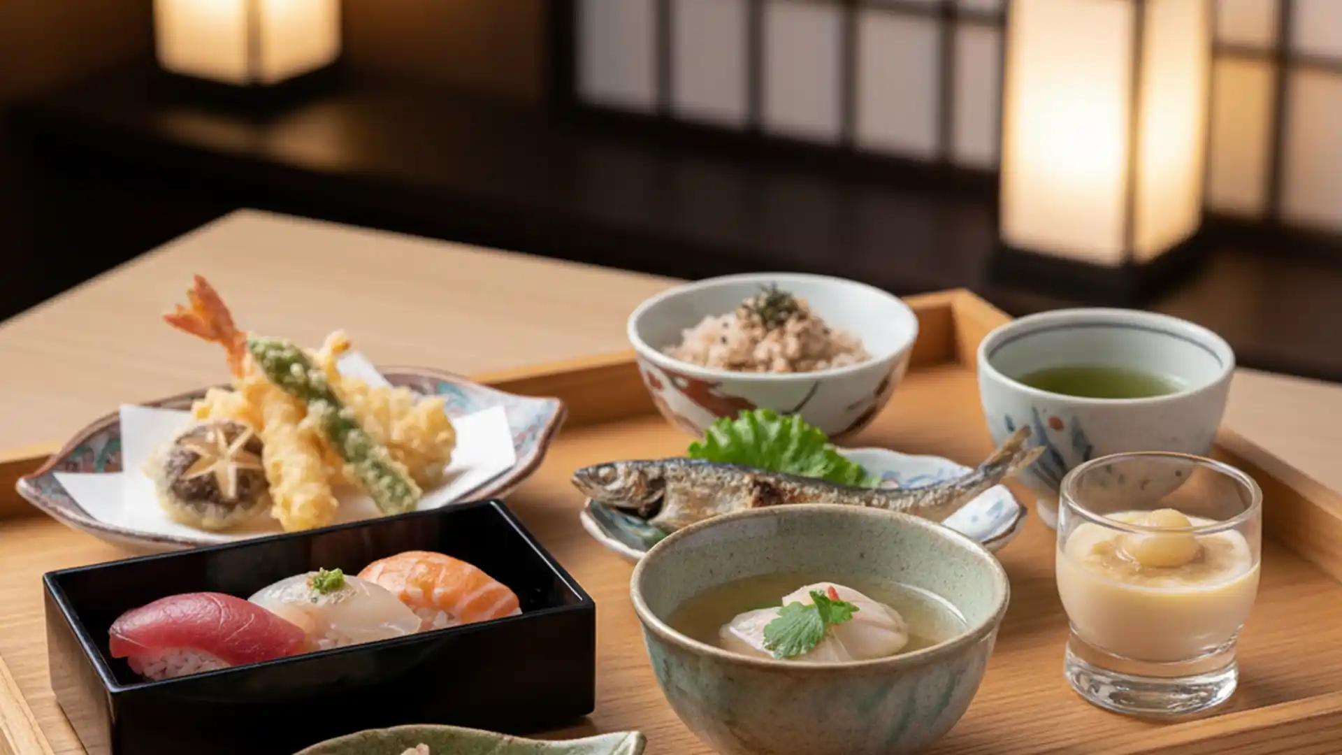 Plate of Japanese kaiseki food with multiple small dishes arranged on a wooden tray