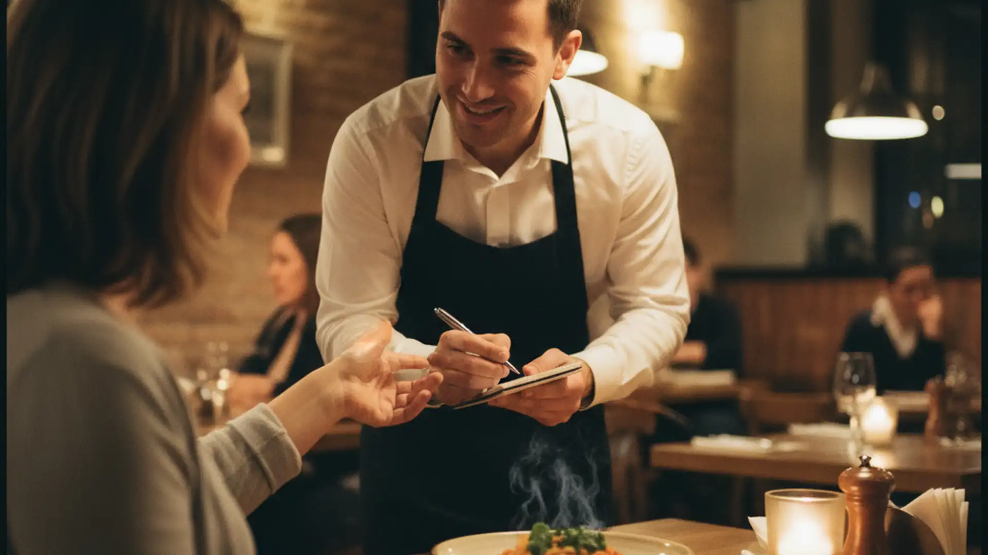 Customer politely pointing at a dish on a neighboring table while a server takes notes