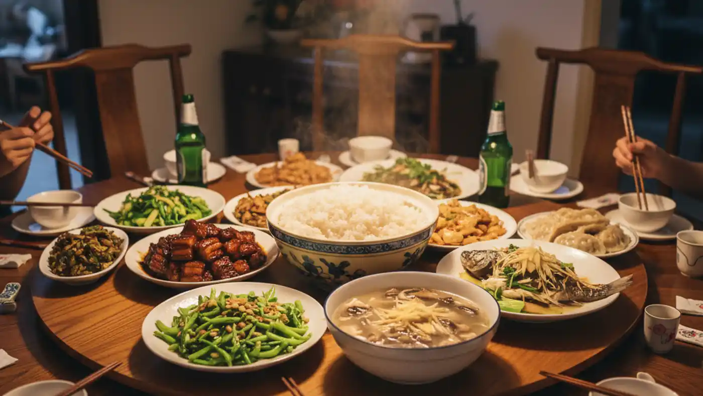 Sharing-style spread of Chinese family-style dishes on a round table