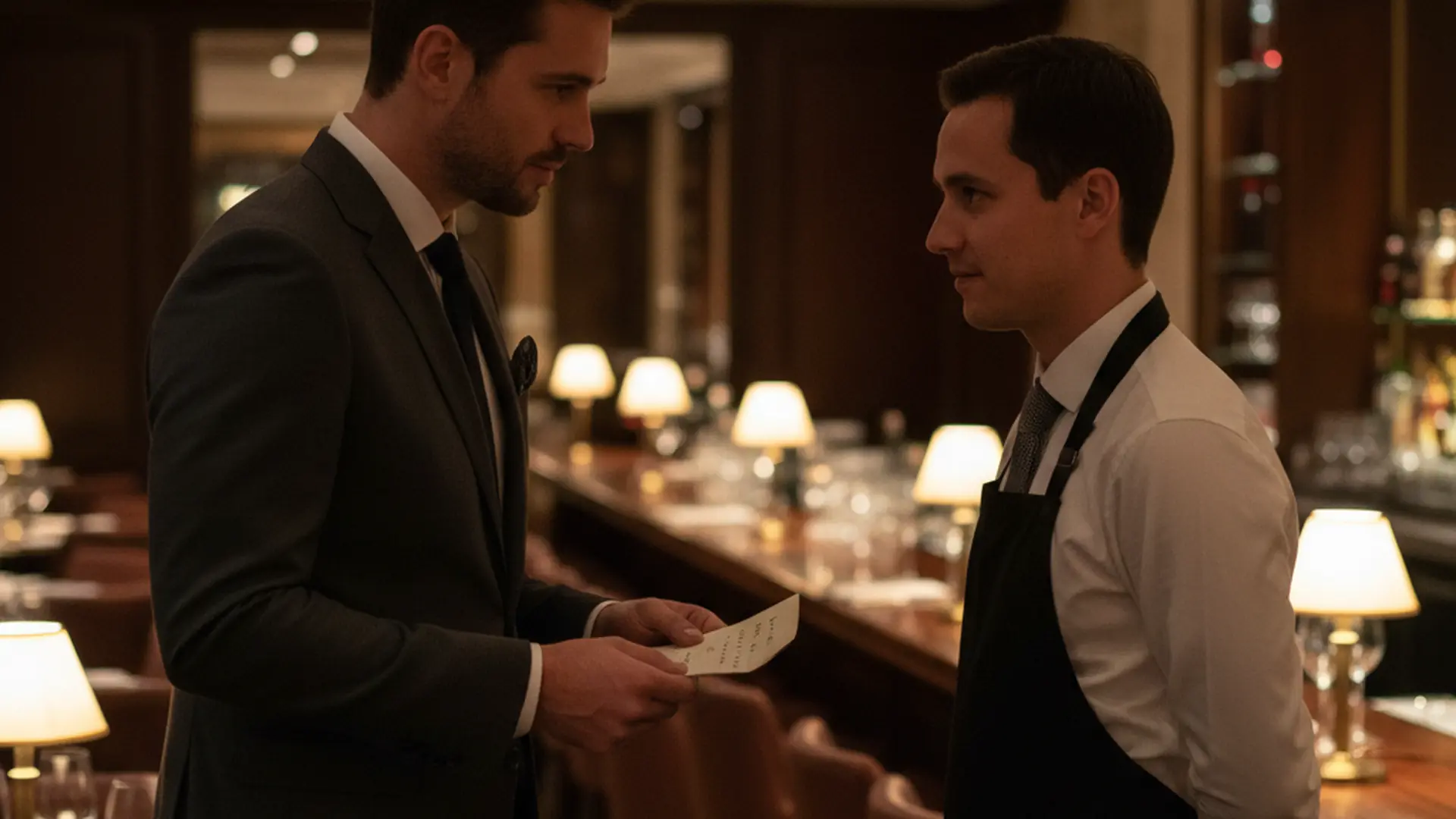 Host quietly speaking with a server while holding a small handwritten note