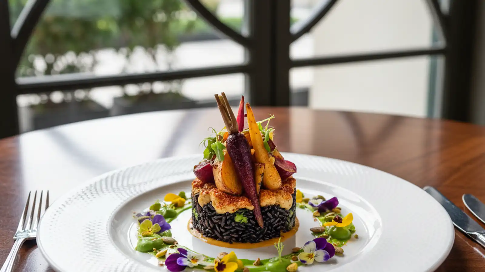 Beautifully plated vegetarian dish at an upscale restaurant