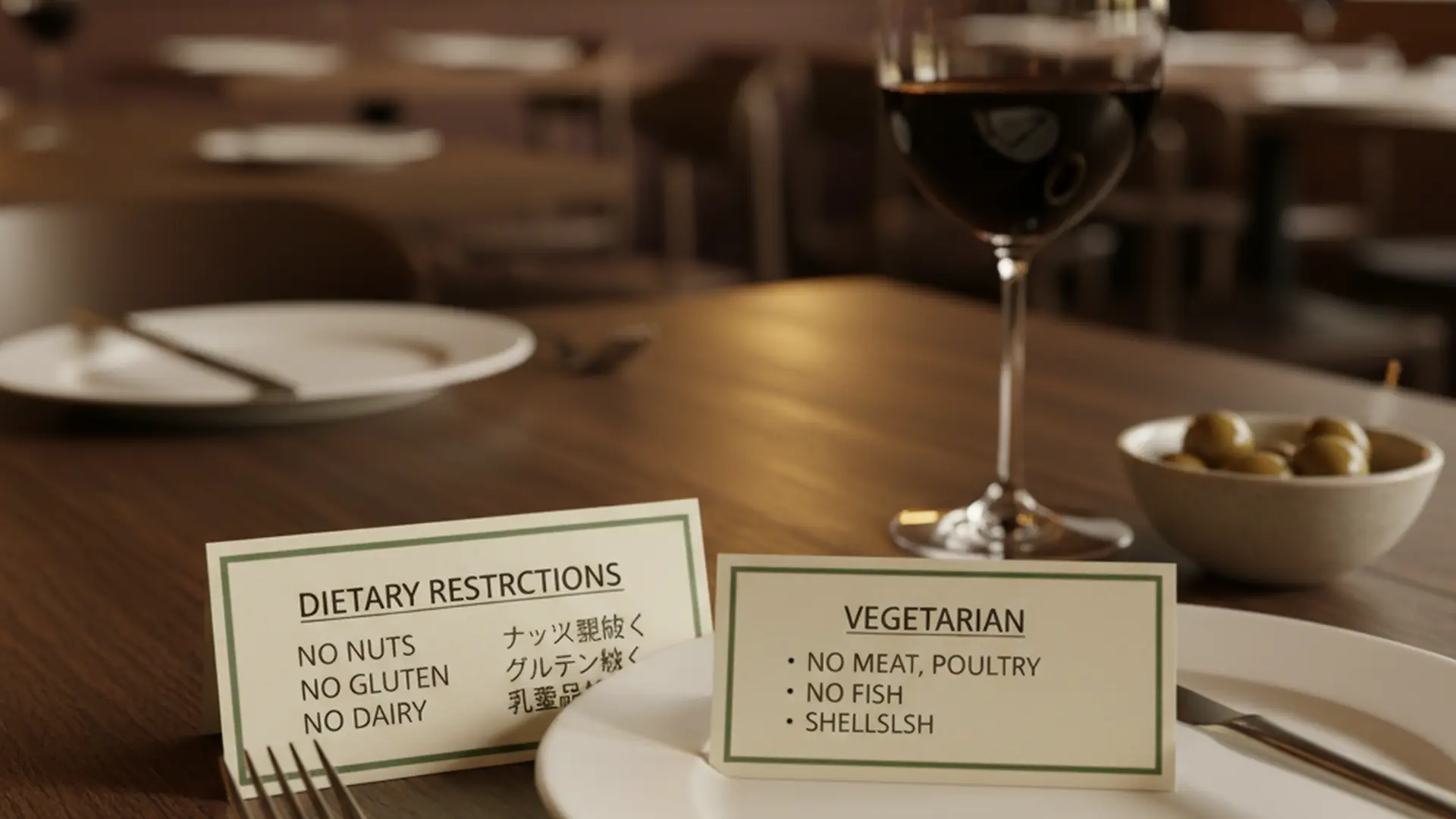 Printed dietary restrictions card in two languages placed discreetly on a restaurant table