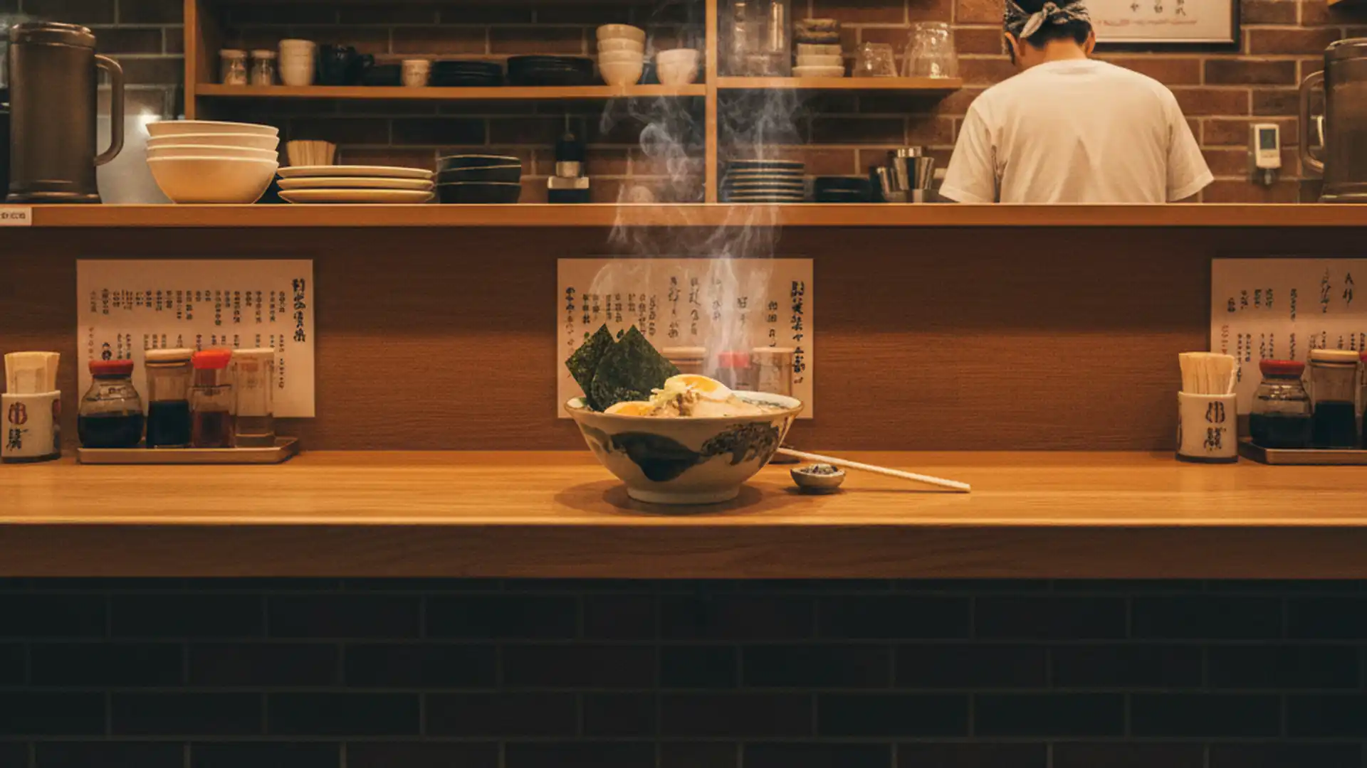 Tidy ramen counter in Tokyo with a steaming bowl in front of an empty seat