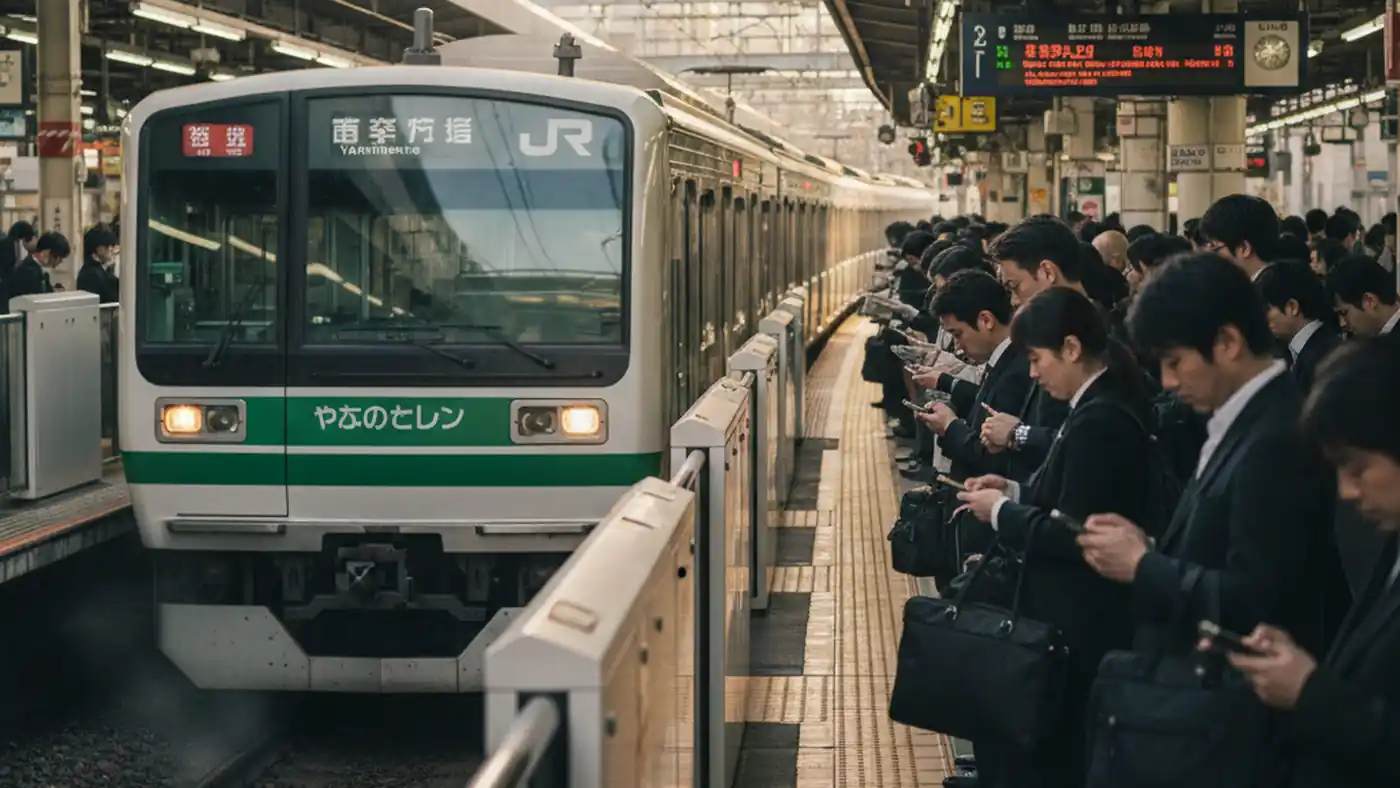 Yamanote line train pulling into a Tokyo station with commuters in suits waiting on the platform