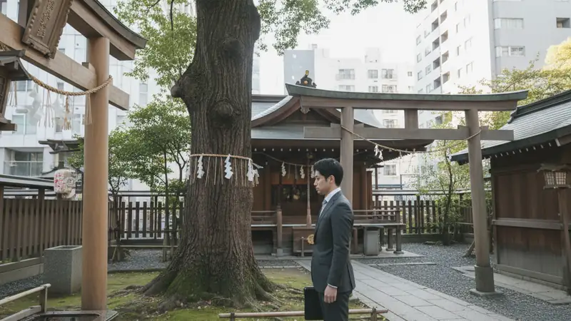 Small quiet shrine in central Tokyo with a businessman pausing before walking to a meeting