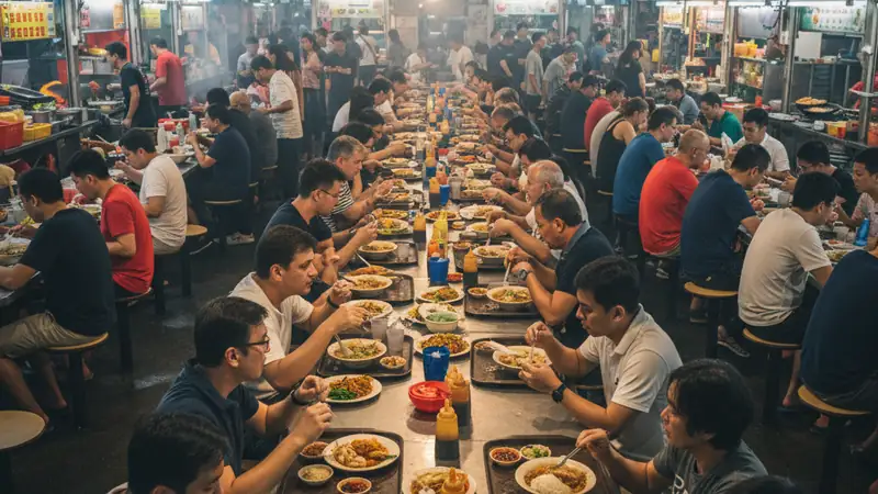 Busy Singapore hawker center with locals eating at communal tables and steaming dishes