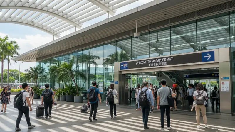 Clean modern Singapore MRT station entrance with locals and travelers walking through