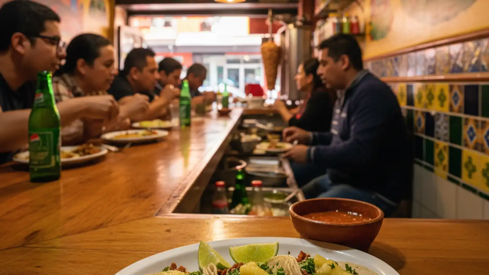 Small Mexico City taqueria with three tacos al pastor, lime wedges, and salsa