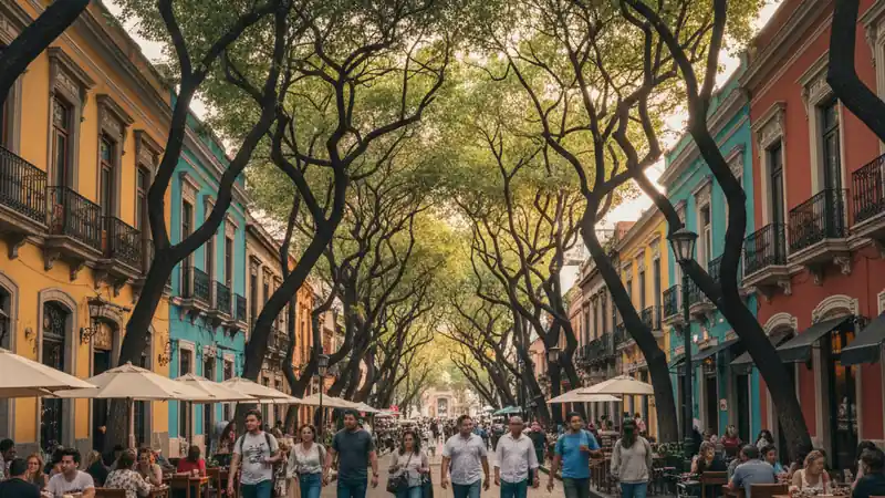 Leafy avenue in Roma Norte, Mexico City with cafes and colorful facades