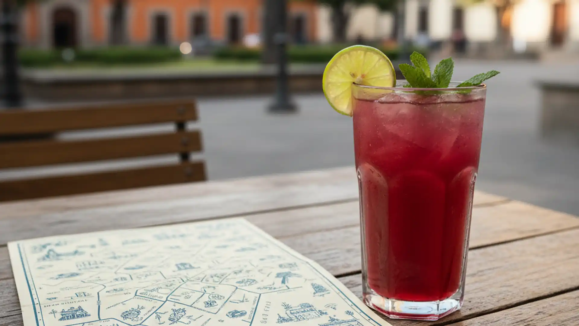 Glass of agua fresca on a wooden cafe table next to a printed Mexico City map