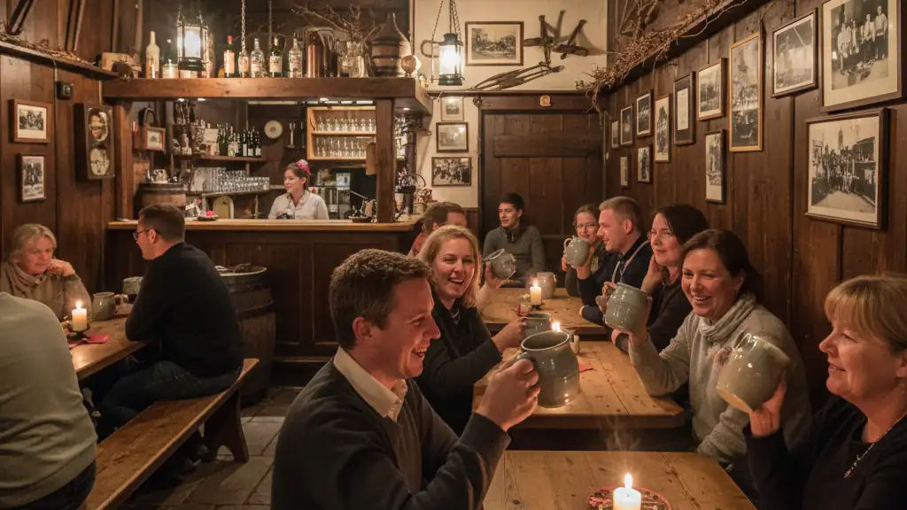 Small Sachsenhausen apple wine tavern interior with locals drinking from blue ceramic jugs