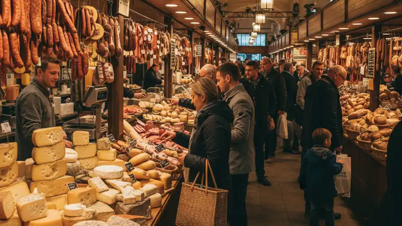 Kleinmarkthalle indoor food market in Frankfurt with stalls of cheeses, sausages, and breads