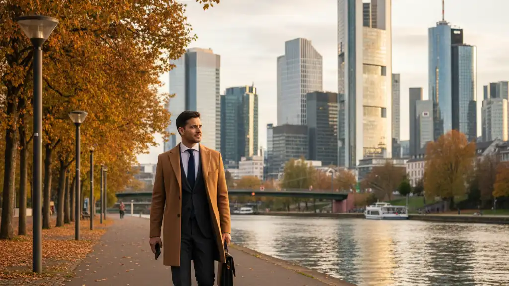 Businessman walking along the Main river path in Frankfurt with the modern skyline behind