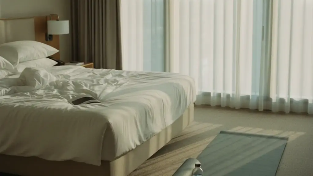 Hotel room in early morning with a yoga mat unrolled on the carpet, a water bottle, and sneakers nearby